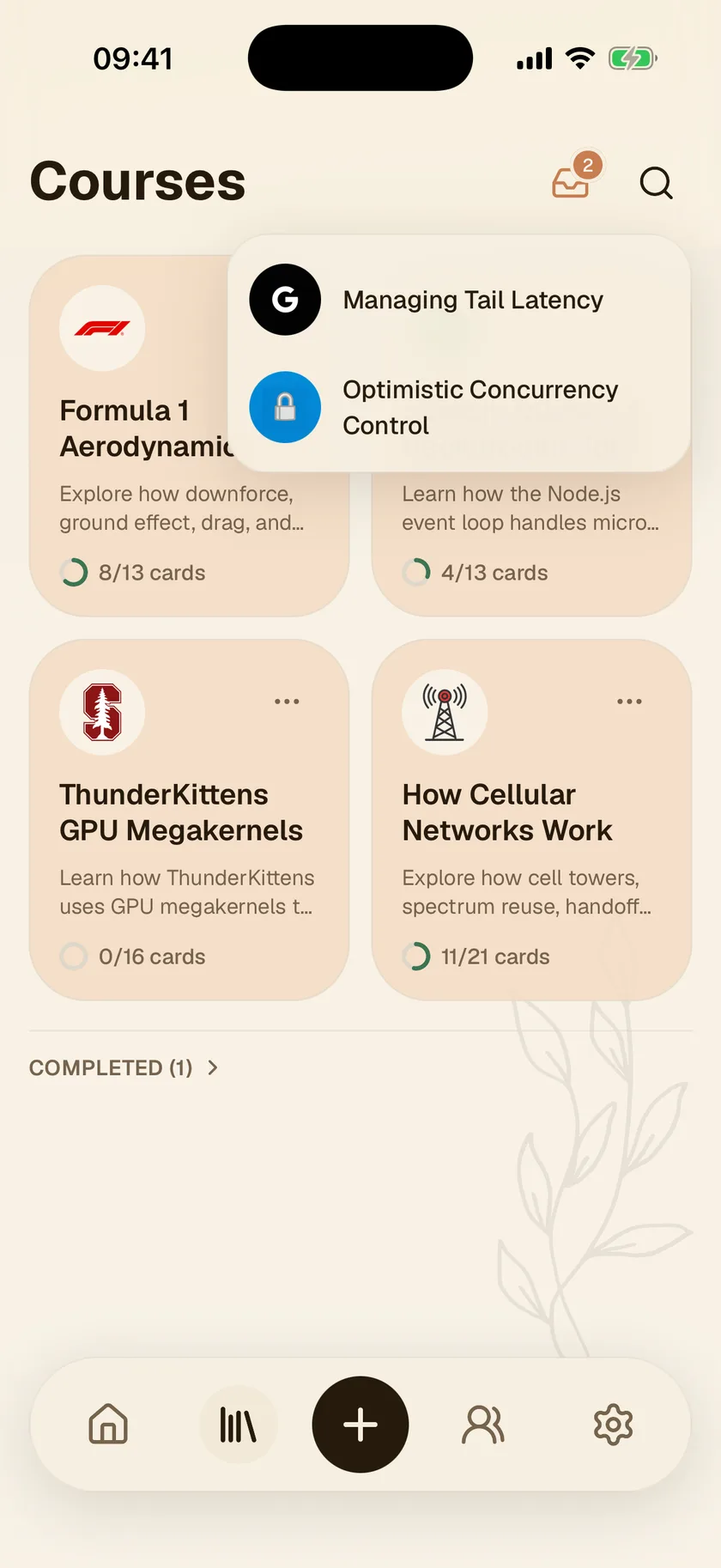 The Sophia library with the inbox open, showing two courses that arrived from email and from an AI assistant.