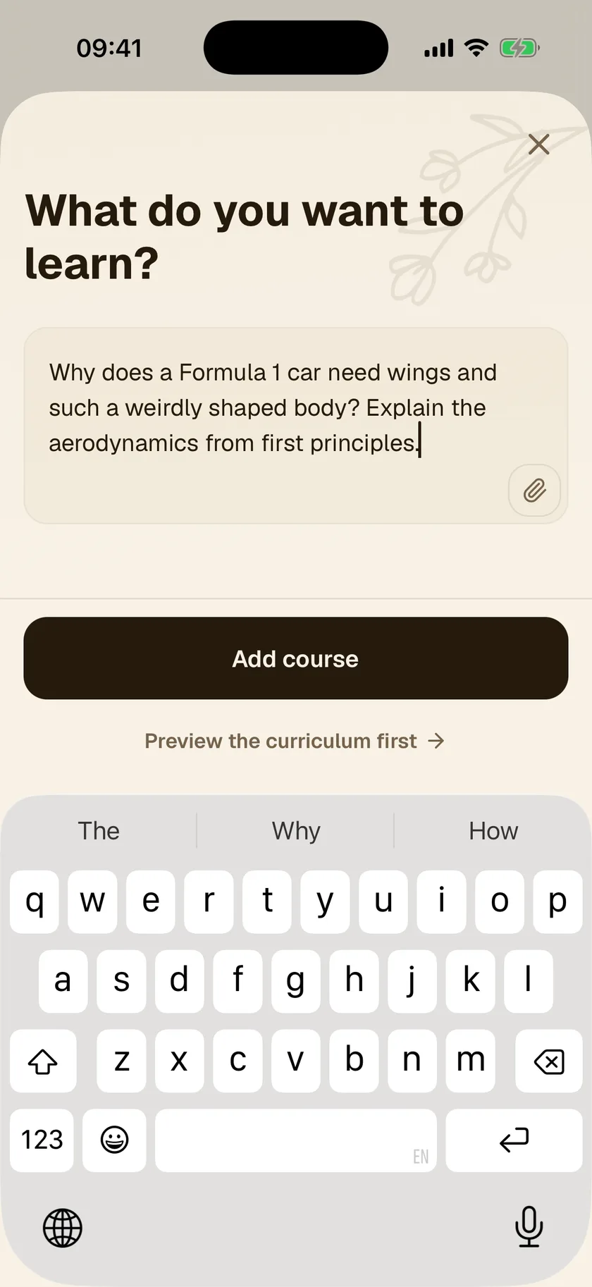 Sophia's new-course wizard with a typed learning prompt ready to build.