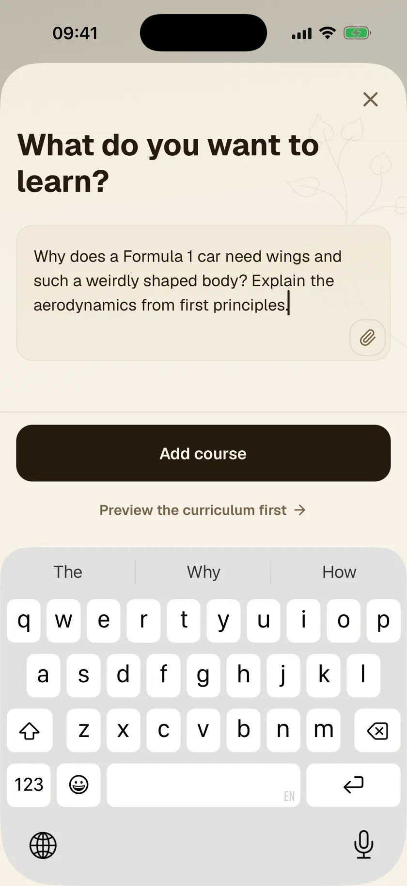 Sophia's new-course wizard with a typed learning prompt ready to build.